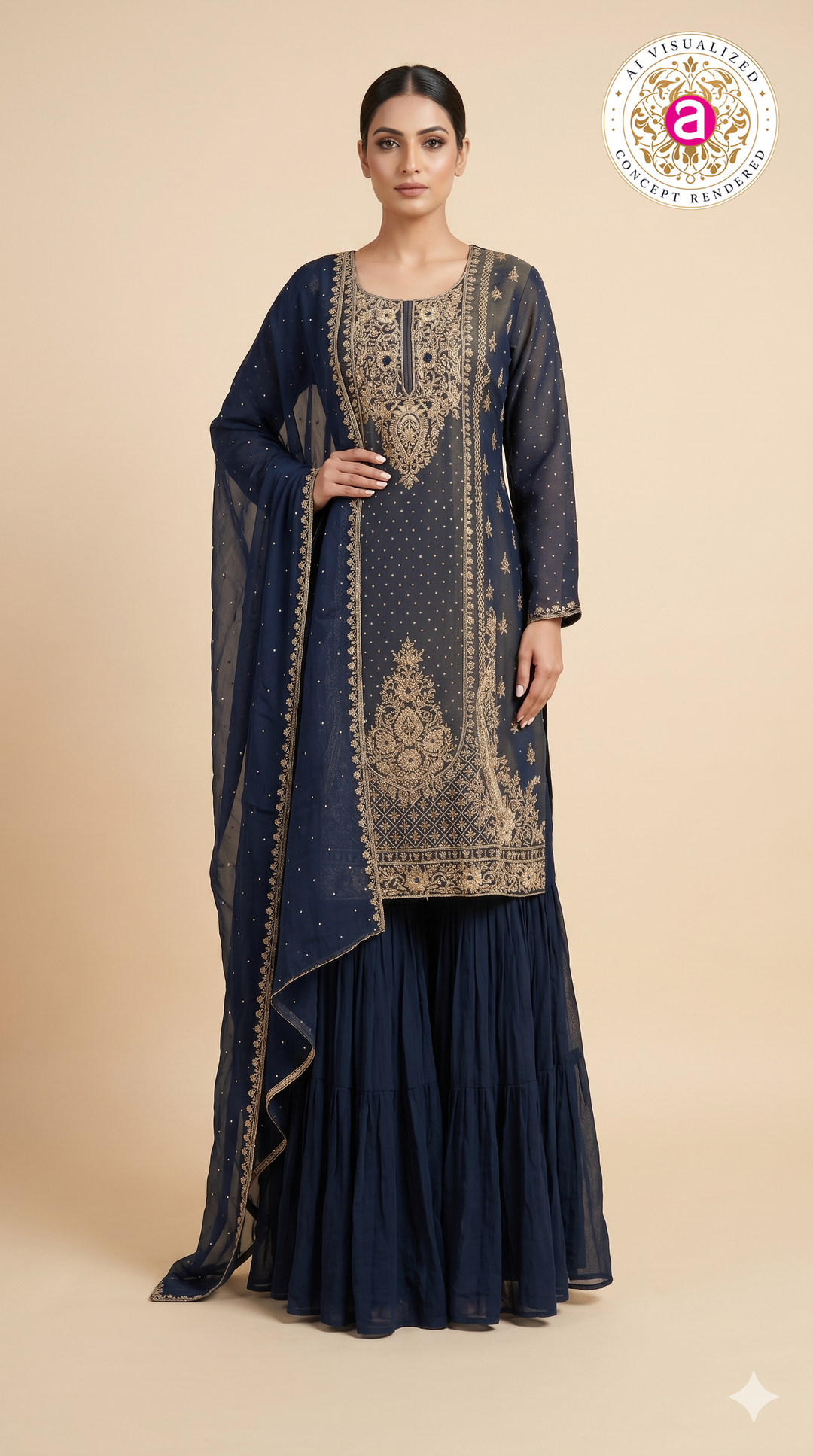 Navy Blue Embroidered Kurta Sharara Set with Dupatta