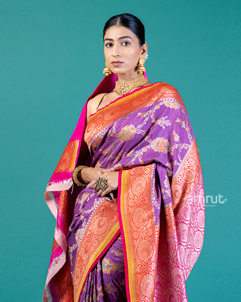 Purple Silk Saree with Golden Zari Weaving and Unstitched Blouse