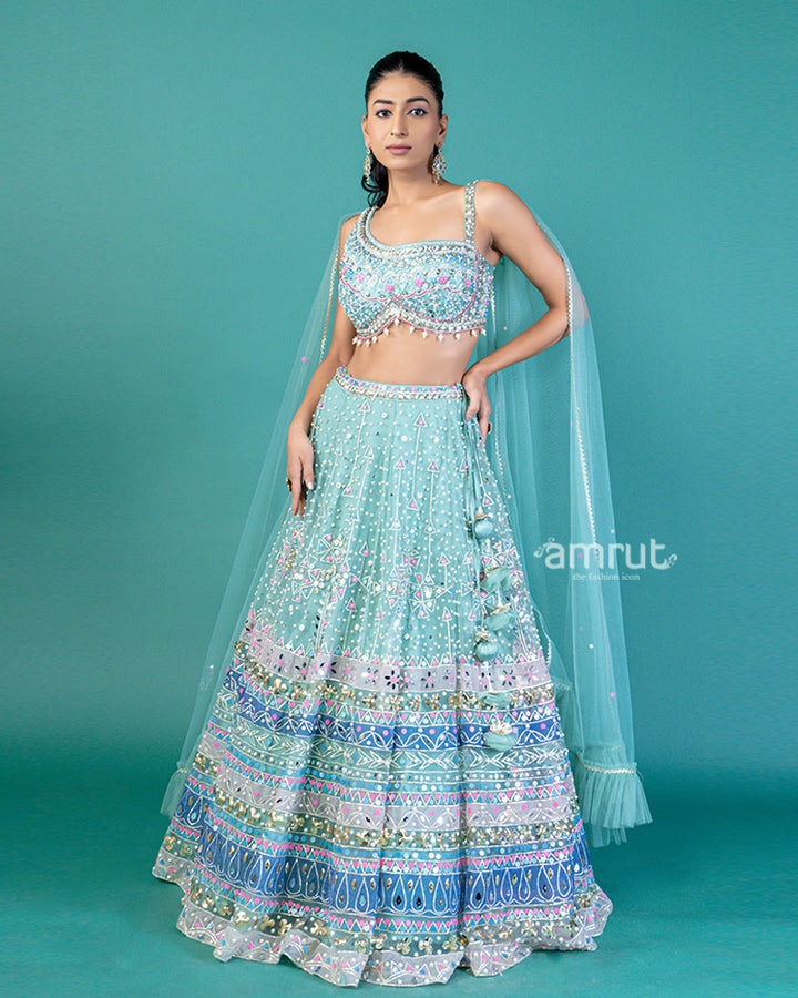 Shadow Green Sequin and Tassel Embellished Lehenga Choli with Dupatta