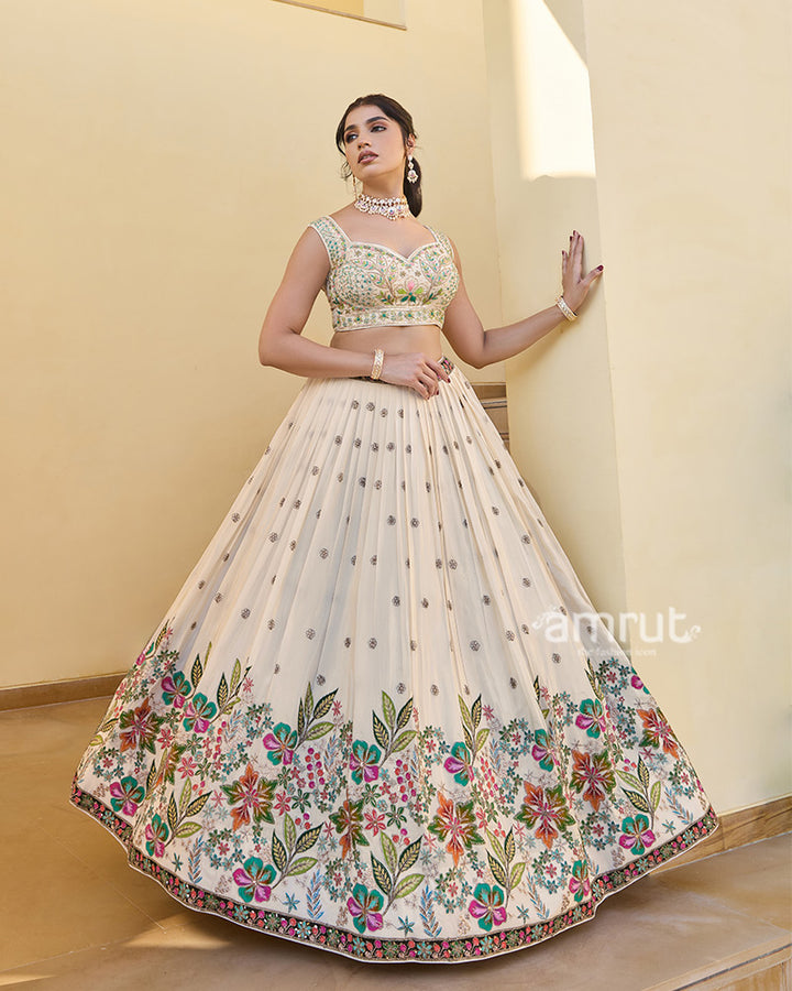 Cream Floral Embroidered Lehenga Choli with Matching Dupatta