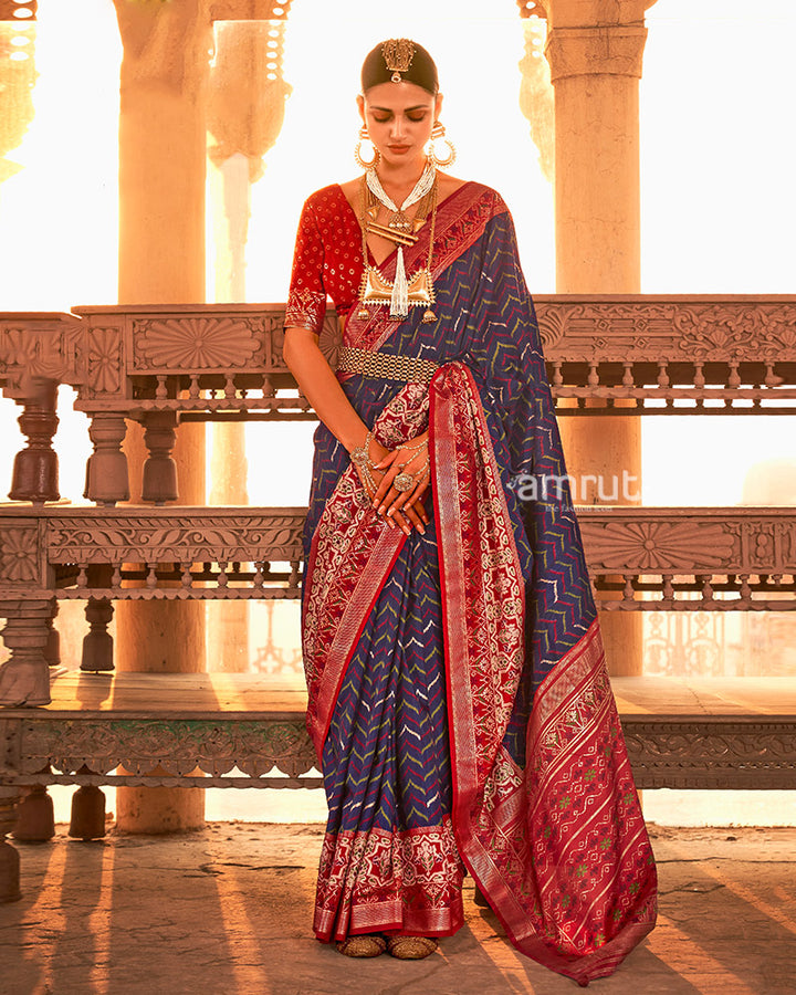 Blue Ikat Printed and Red Contrast Border Patola Silk Saree with Unstitched Blouse