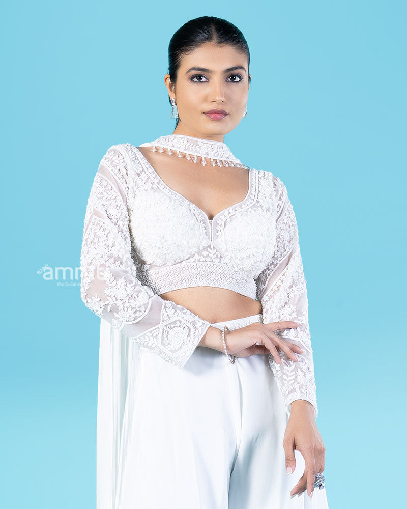 White Embroidered Crop Top with Wide-Leg Palazzo Pants and Beaded Choker Dupatta