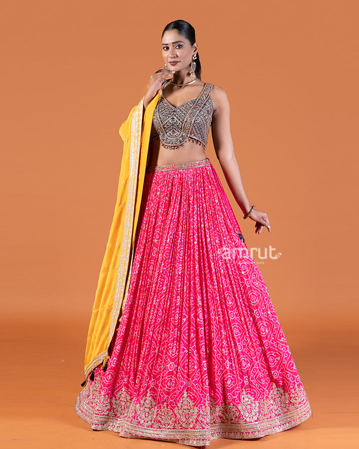 Pink Bandhani Lehenga with Purple Choli and Yellow Dupatta Set