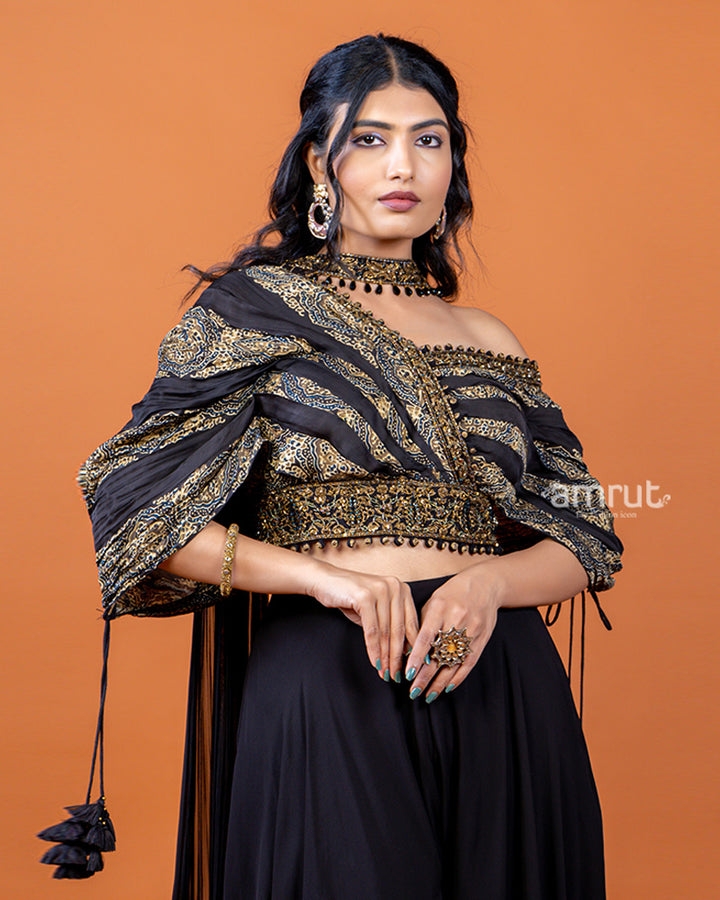 Black Palazzo with Designer Pleated Printed Crop Top and Choker-Style Dupatta