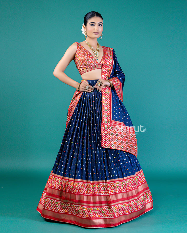 Navy Blue Lehenga Choli Set with Intricate Border and Matching Dupatta