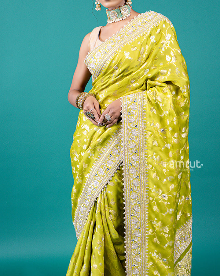 Lime Yellow Zari Embellished Silk Saree with Unstitched Blouse