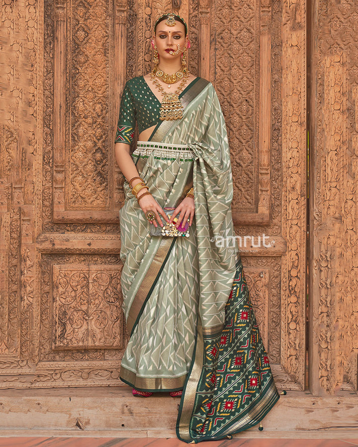 Laurel Green Geometric Patterns & Dark Green Border Patola Silk Saree with Unstitched Blouse