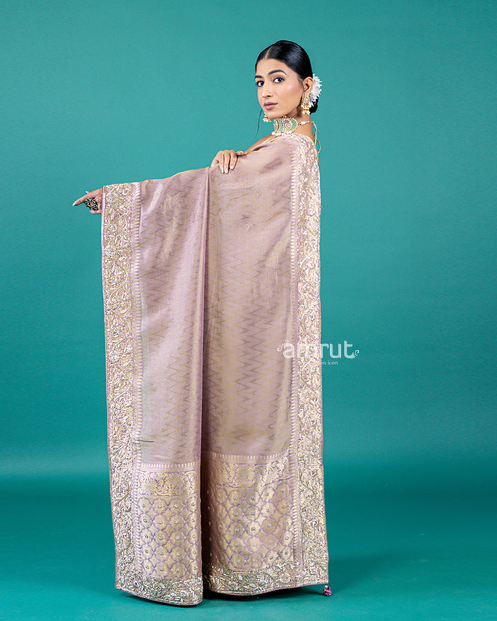 Mauve Banarasi Silk Saree with Woven Design and Unstitched Blouse