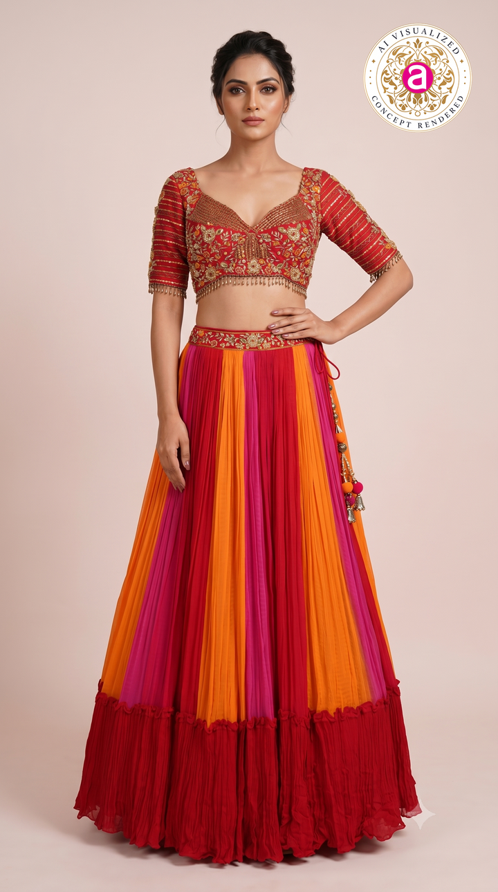Multicolor Pleated Lehenga Set with Embroidered Blouse