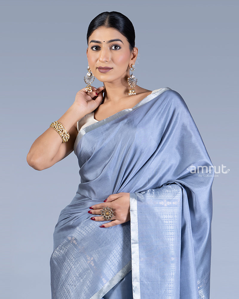 Gray-Blue with Silver Stripes Silk Saree with unstitched blouse