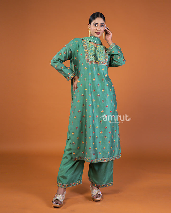 Green Silk Embroidered Kurta and Palazzo pants with Dupatta