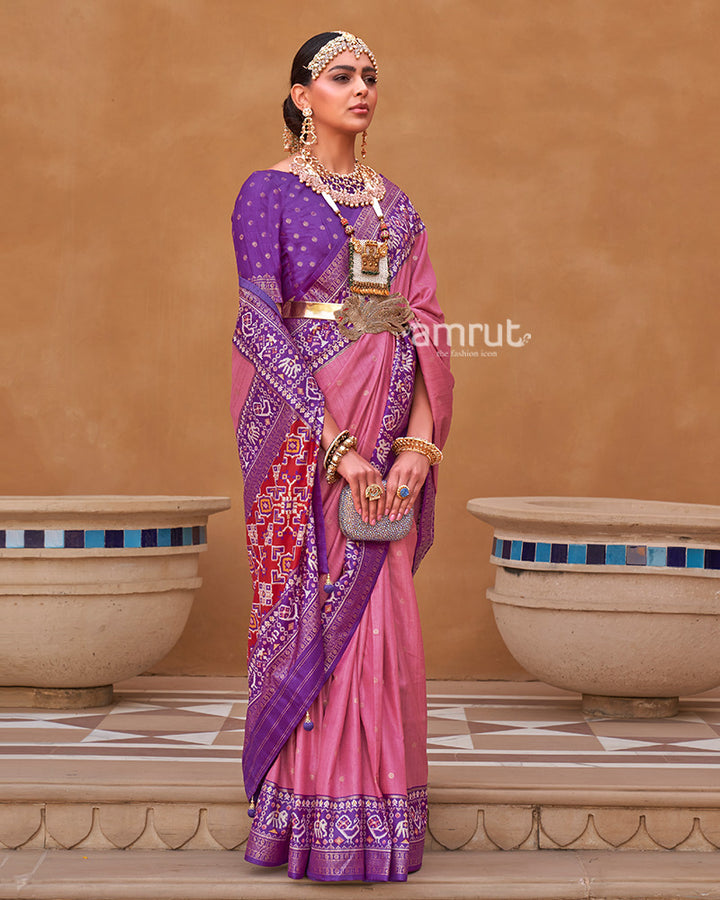 Pink Zari Weaving Purple Border Saree in Patola Silk with Unstitched Blouse