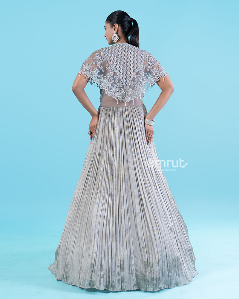 Silver-Gray Embellished Cape with Crop Choli and Pleated Lehenga