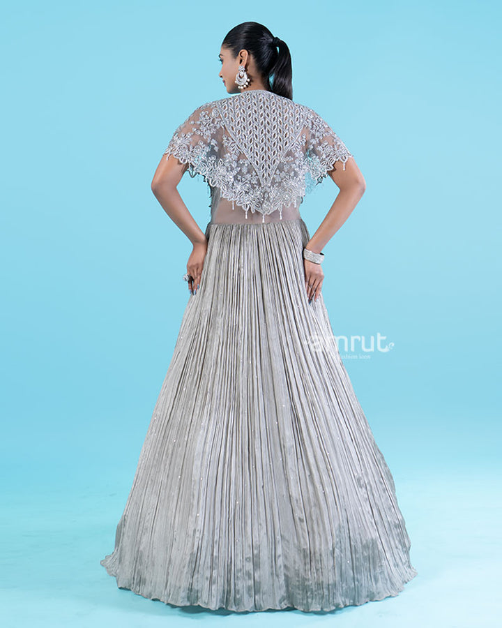 Silver-Gray Embellished Cape with Crop Choli and Pleated Lehenga