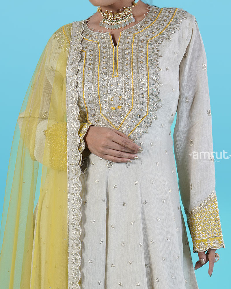 Cream Golden Embroidered salwar Kameez with Mustard Yellow Dupatta