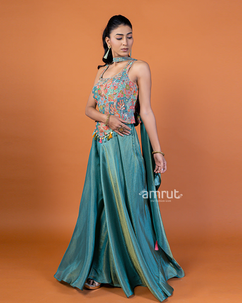 Teal Embroidered Halter Crop Top with Palazzo Pants and Dupatta