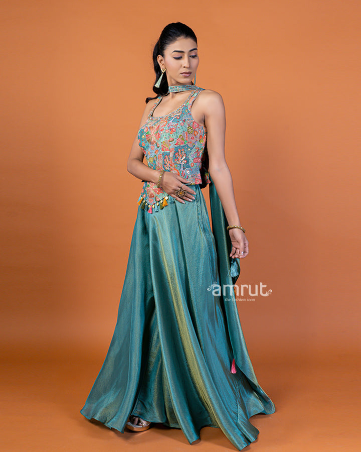 Teal Embroidered Halter Crop Top with Palazzo Pants and Dupatta