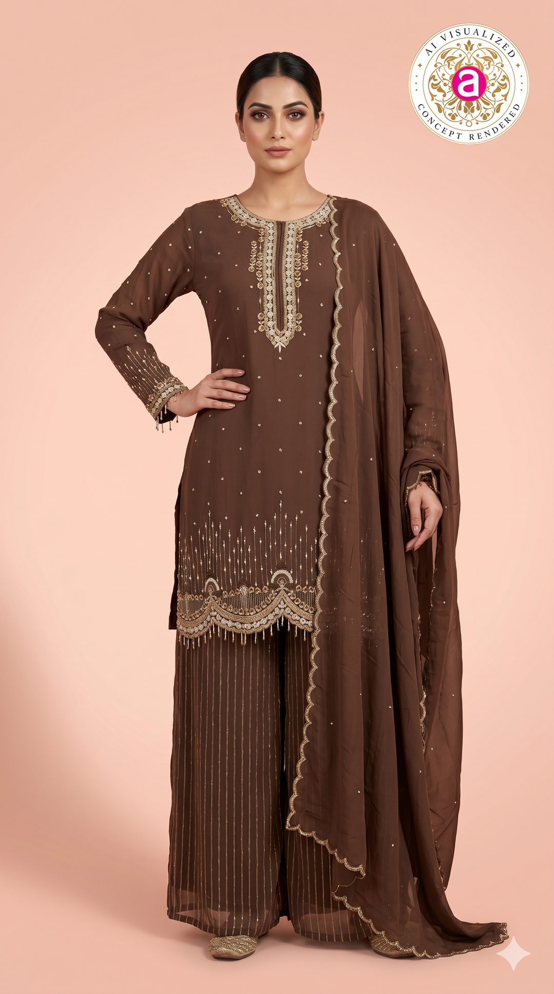 Chocolate Brown Embroidered Kurta Palazzo Set with Dupatta