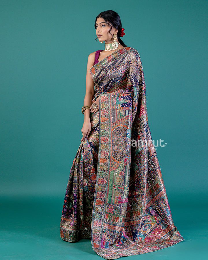 Navy Blue Silk Saree with Heavy Embellished Work and Unstitched Blouse