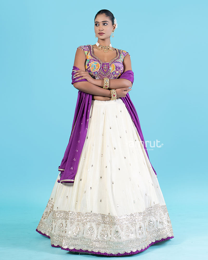 Dark Purple Embroidered Choli with Light Cream Lehenga and Purple Dupatta