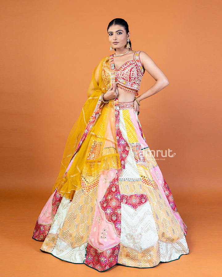 Maroon and Multicolor Embellished Lehenga Choli Set with Mustard Yellow Dupatta