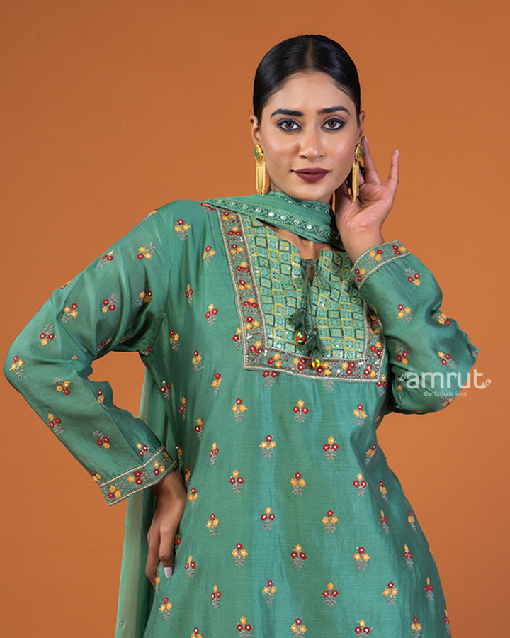 Green Silk Embroidered Kurta and Palazzo pants with Dupatta