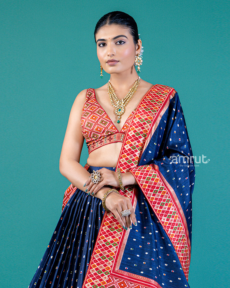 Navy Blue Lehenga Choli Set with Intricate Border and Matching Dupatta