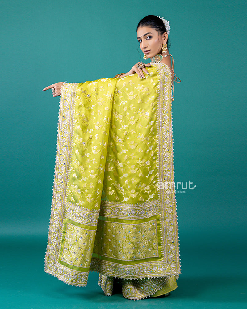 Lime Yellow Zari Embellished Silk Saree with Unstitched Blouse