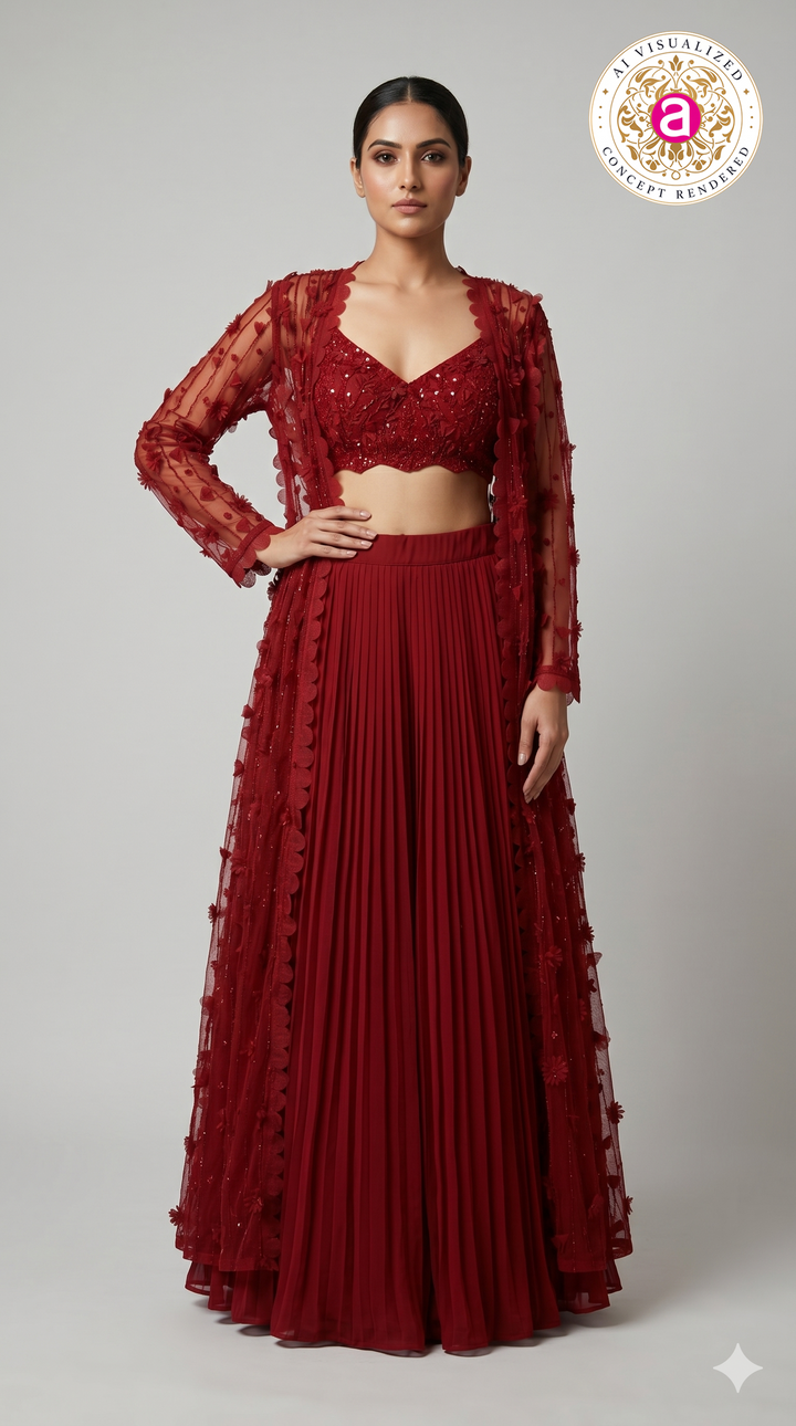 Ruby Red Embroidered Lehenga Set with Sheer Cape Jacket