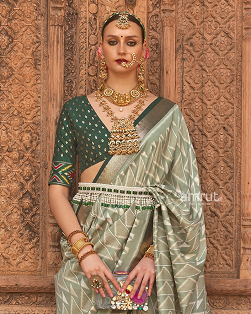 Laurel Green Geometric Patterns & Dark Green Border Patola Silk Saree with Unstitched Blouse