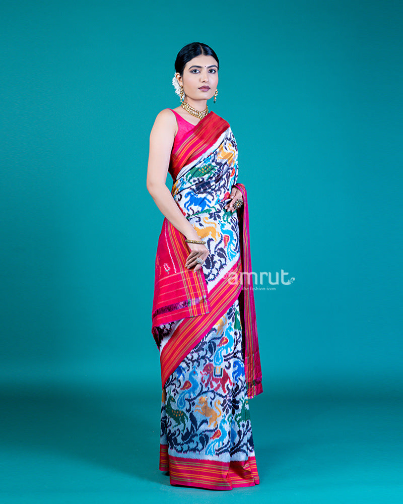 White Ethnic Patola Silk Saree with Multi-Color Motif Weaving and Unstitched Blouse