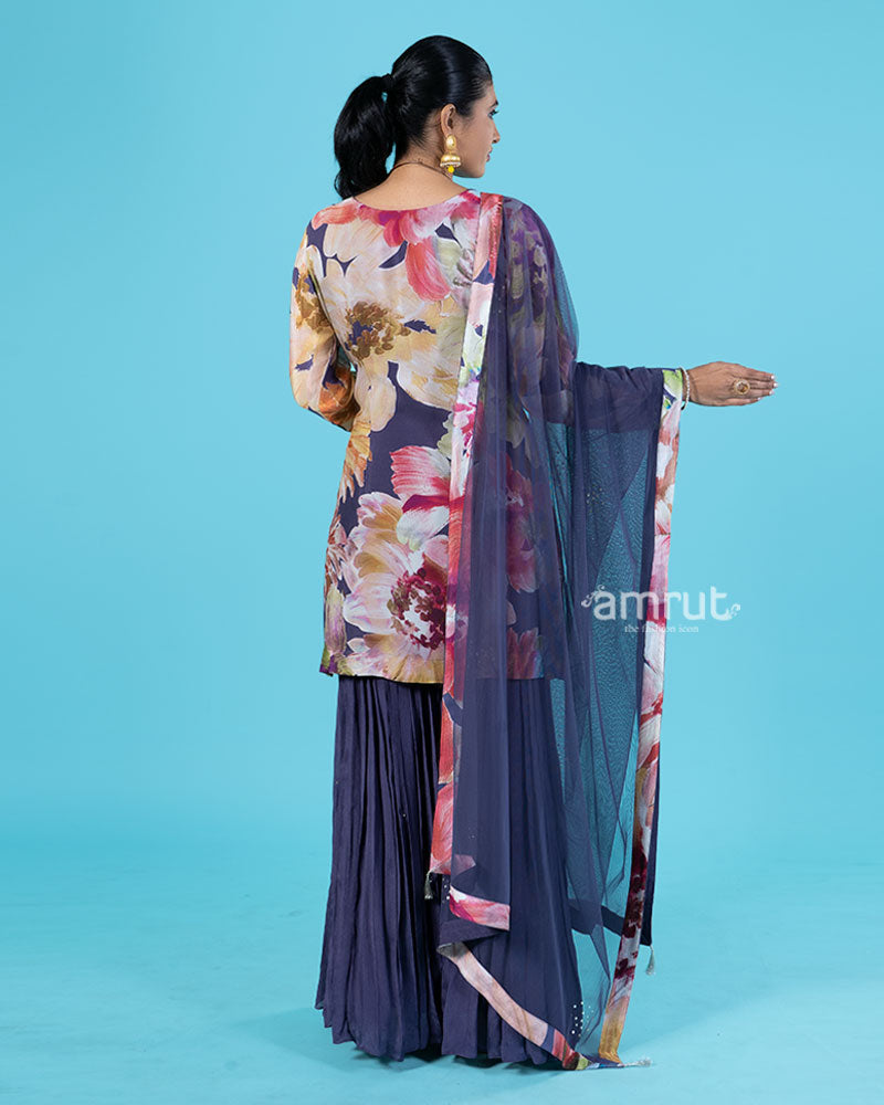 Purple Floral Printed Salwar Kameez with Golden Embellishments and Matching Dupatta