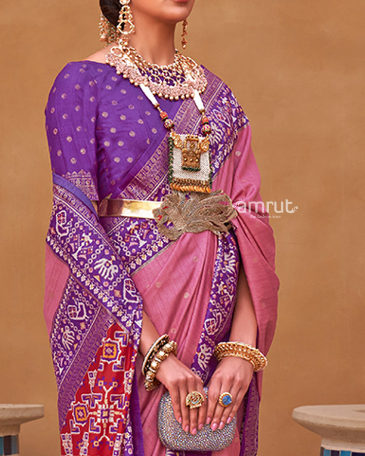 Pink Zari Weaving Purple Border Saree in Patola Silk with Unstitched Blouse