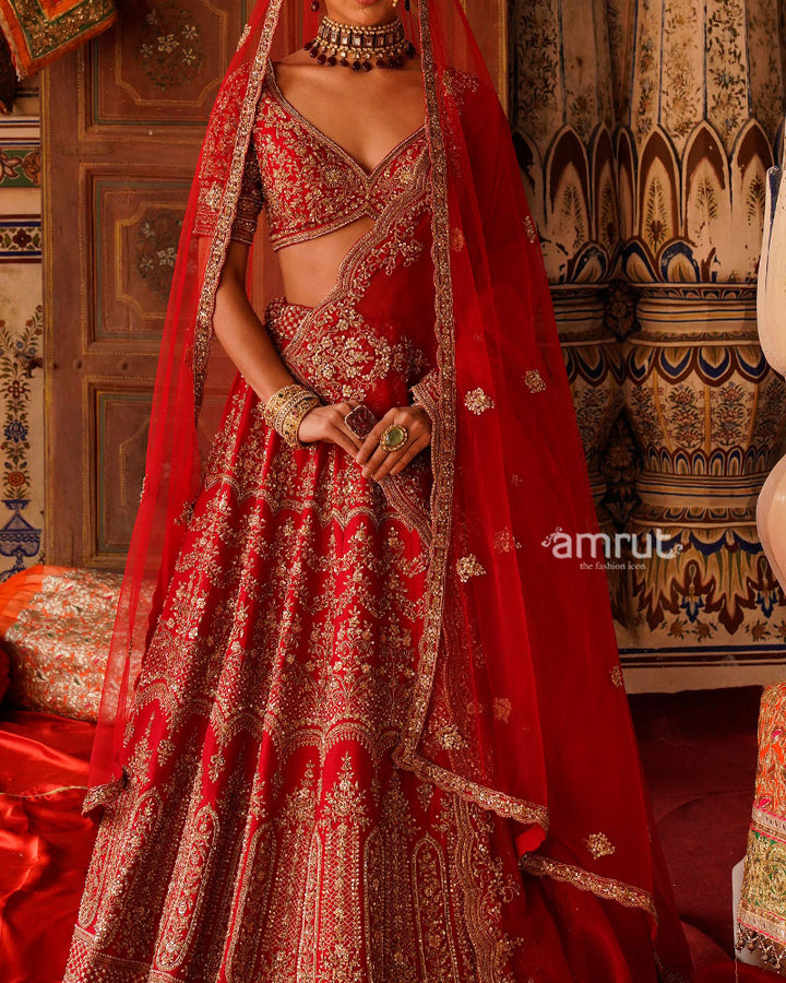 Red Sequins Bead Embellished Bridal Lehenga choli