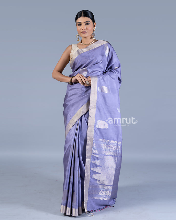 Light Purple with Golden Zari Leaf Patterns and Geometric Motifs Saree with unstitched blouse