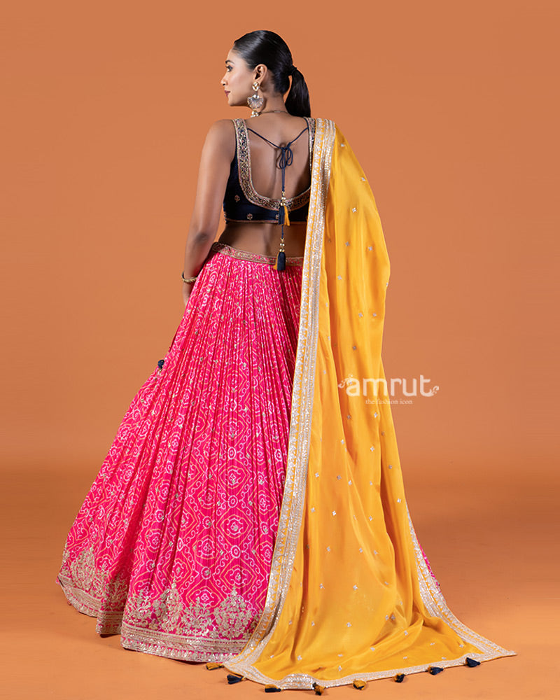 Pink Bandhani Lehenga with Purple Choli and Yellow Dupatta Set