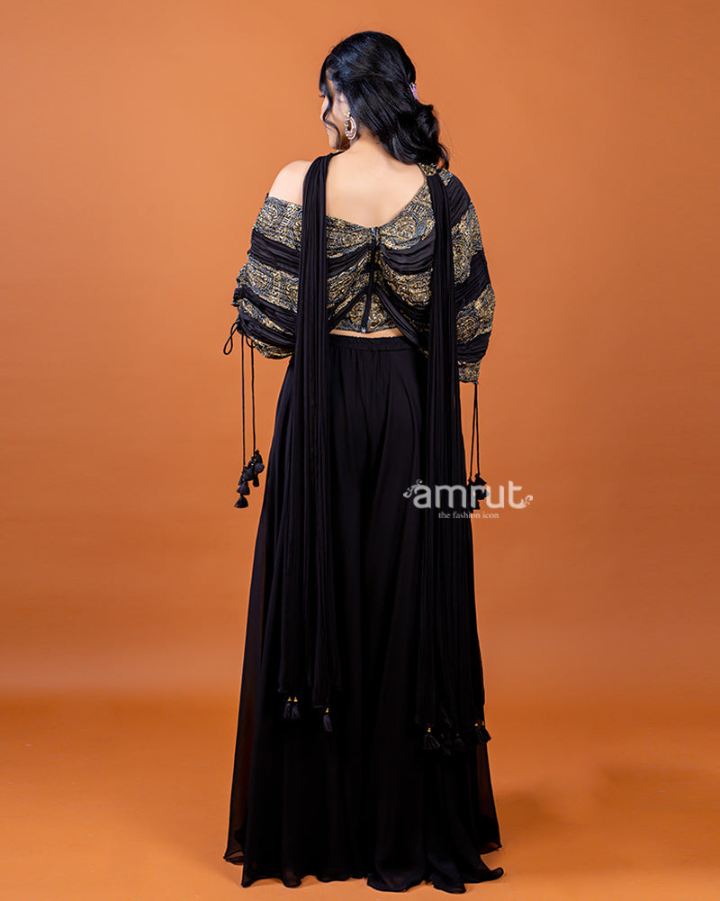 Black Palazzo with Designer Pleated Printed Crop Top and Choker-Style Dupatta