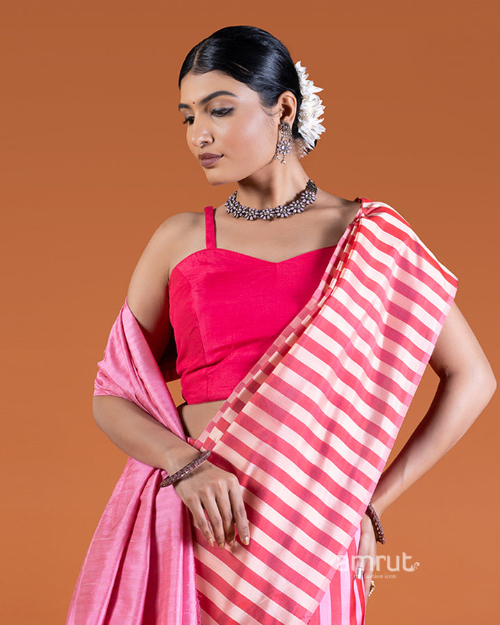 Pink and Beige Striped Saree with unstitched blouse