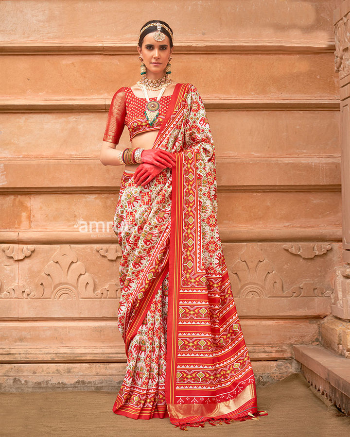 Ivory Patola Printed Saree with Red Zari Border and Unstitched Blouse
