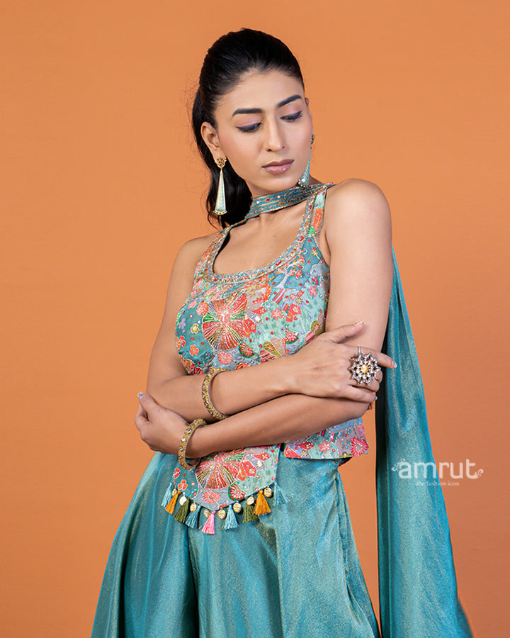 Teal Embroidered Halter Crop Top with Palazzo Pants and Dupatta