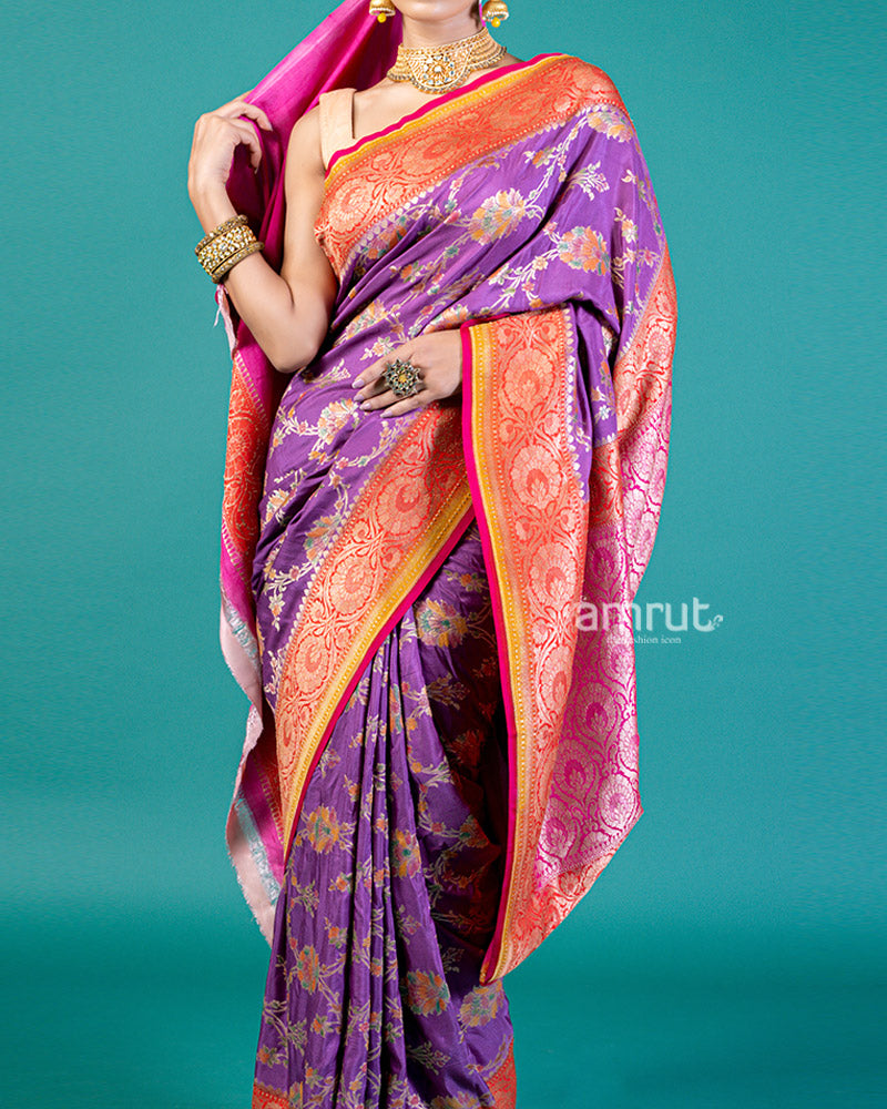 Purple Silk Saree with Golden Zari Weaving and Unstitched Blouse