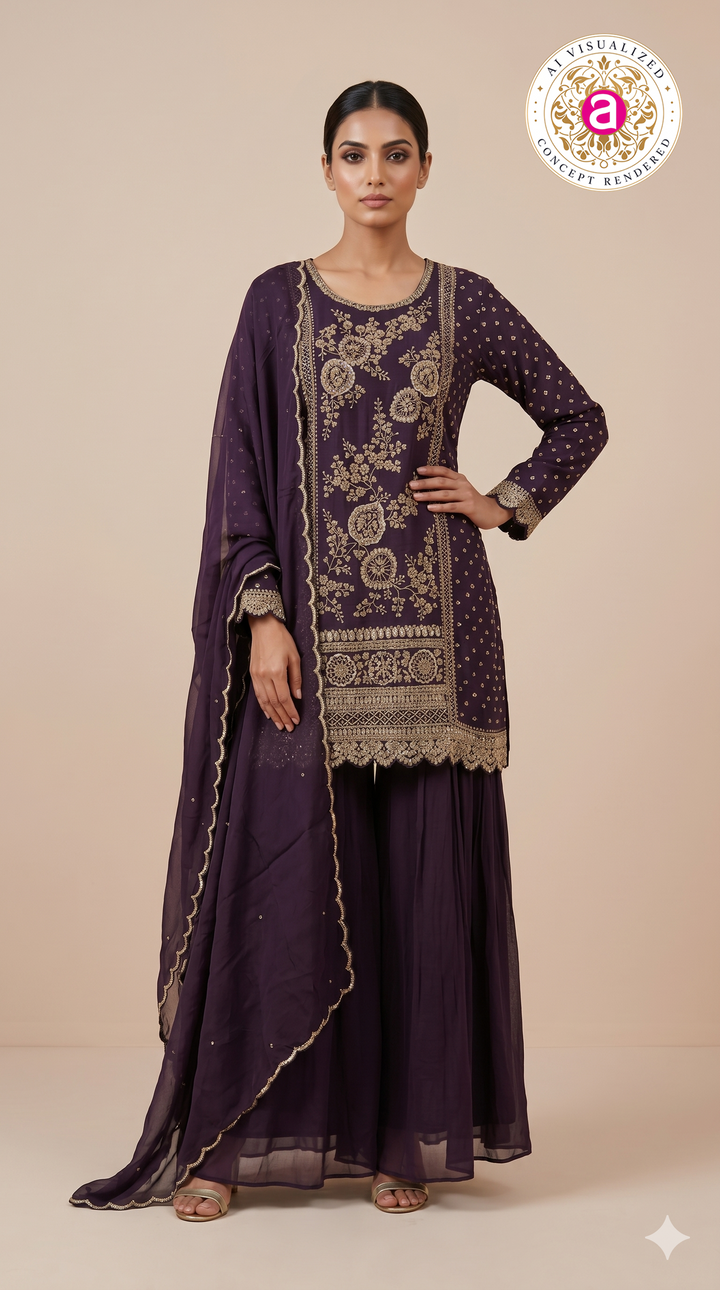 Royal Purple Embroidered Kurta Sharara Set with Dupatta