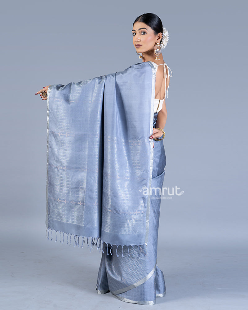 Grey-Blue Silver Stripes Silk Saree with unstitched blouse