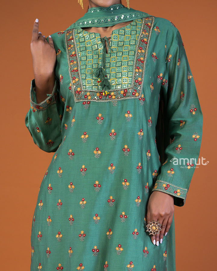 Green Silk Embroidered Kurta and Palazzo pants with Dupatta