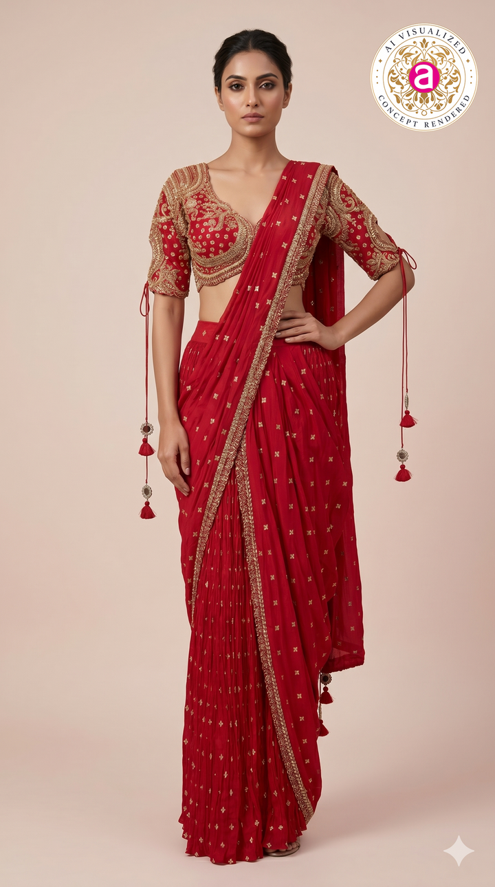 Radiant Red Ready-to-Wear Embroidered Saree with Designer Blouse