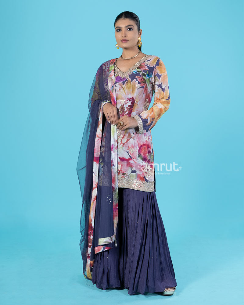 Purple Floral Printed Salwar Kameez with Golden Embellishments and Matching Dupatta