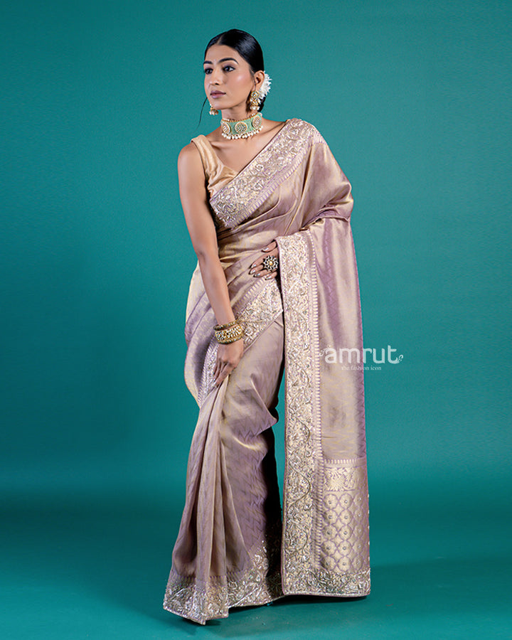 Mauve Banarasi Silk Saree with Woven Design and Unstitched Blouse