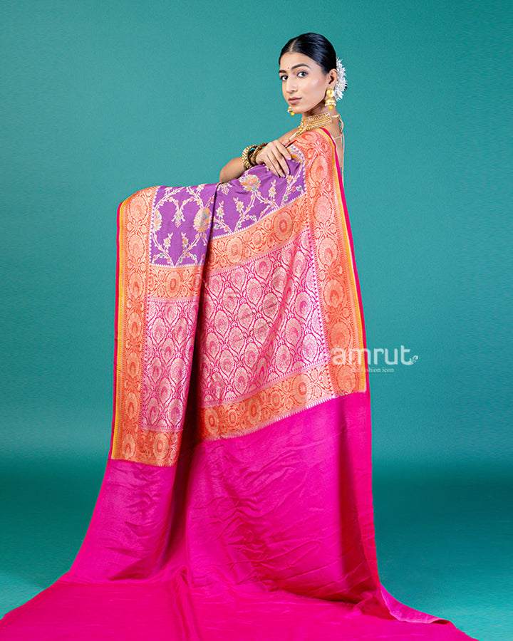 Purple Silk Saree with Golden Zari Weaving and Unstitched Blouse