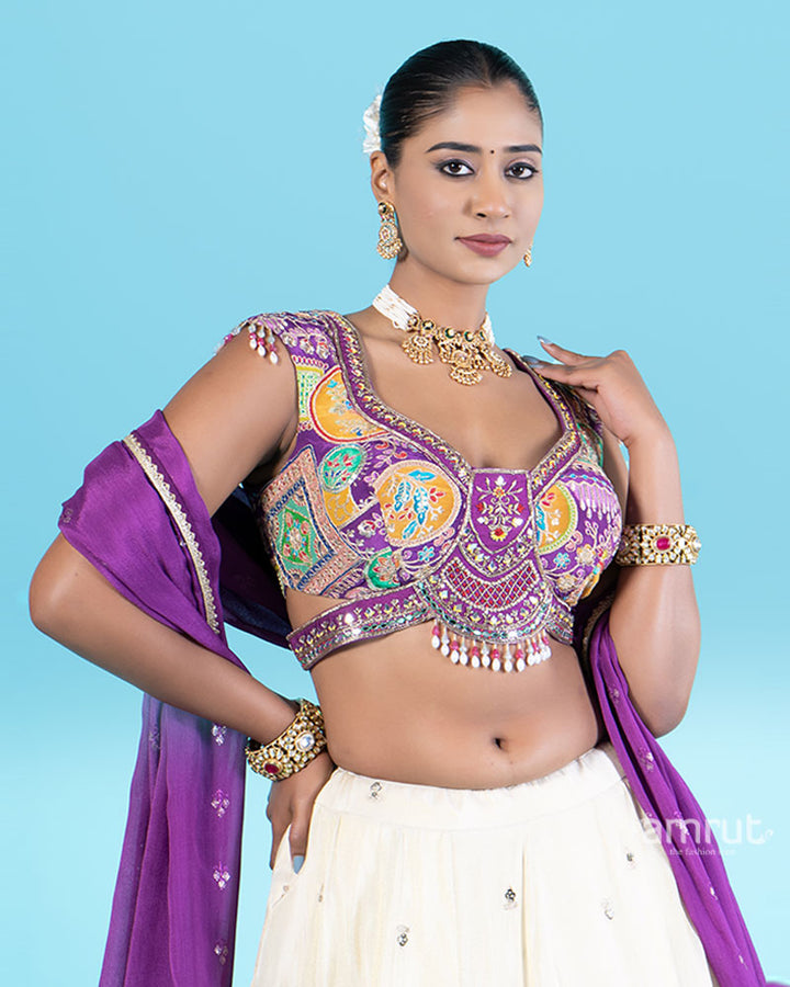 Dark Purple Embroidered Choli with Light Cream Lehenga and Purple Dupatta