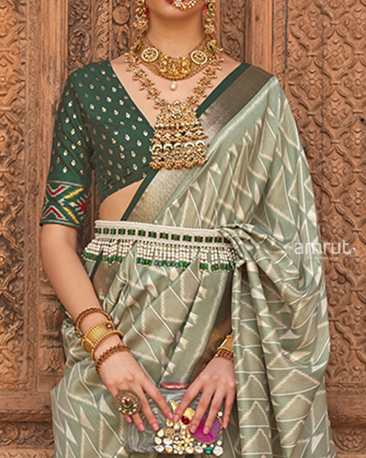 Laurel Green Geometric Patterns & Dark Green Border Patola Silk Saree with Unstitched Blouse